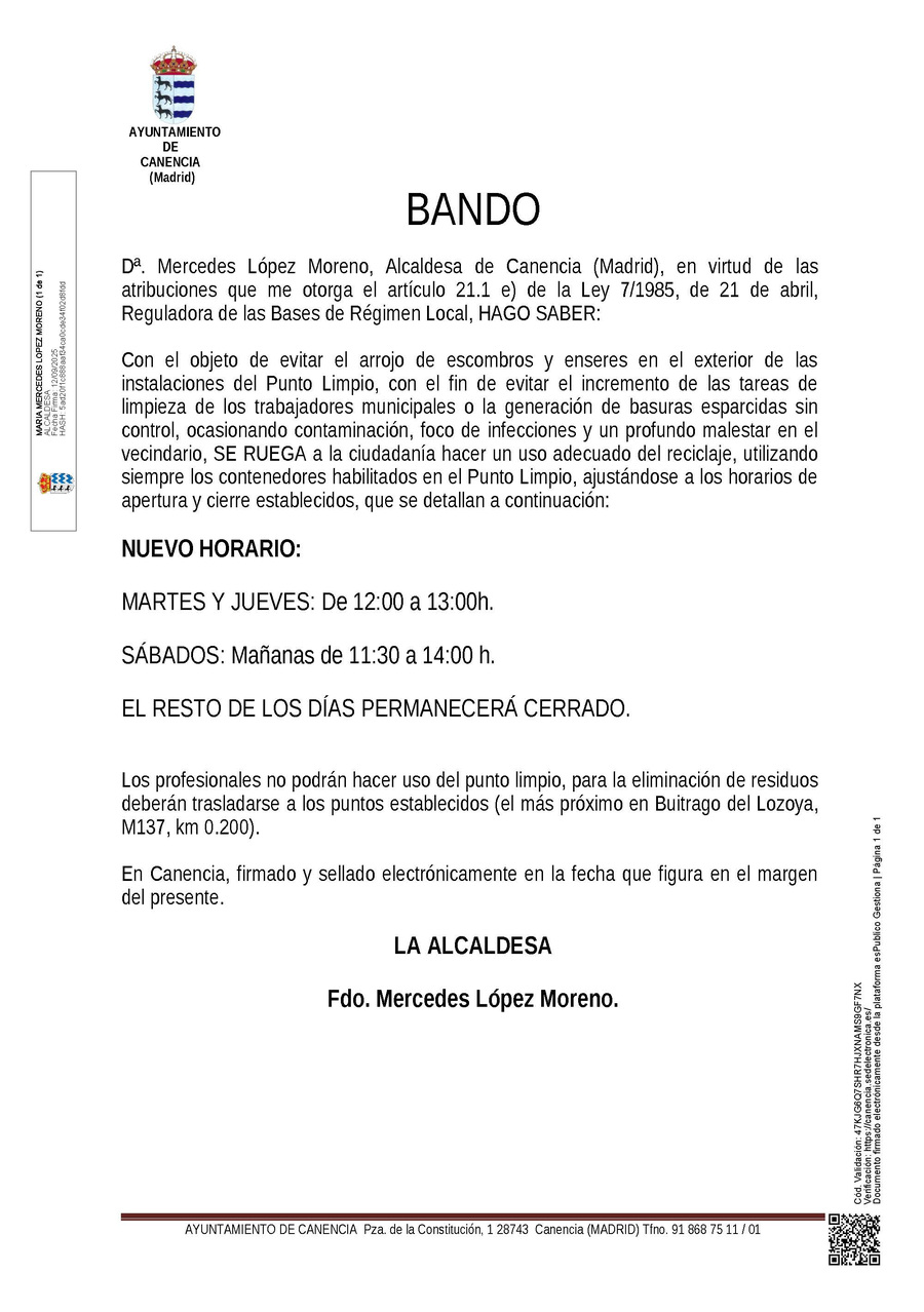 Comunicación BANDO PUNTO LIMPIO 2026 NUEVO HORARIO