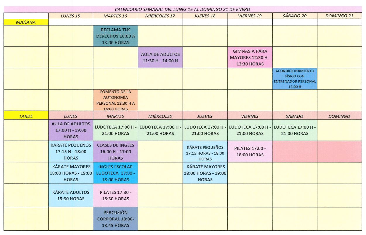 CALENCARIO SEMANAL 15 al 21 enero 2024