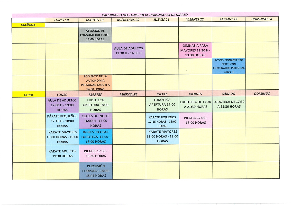 Calendario semanal 18 al 23 marzo 2024