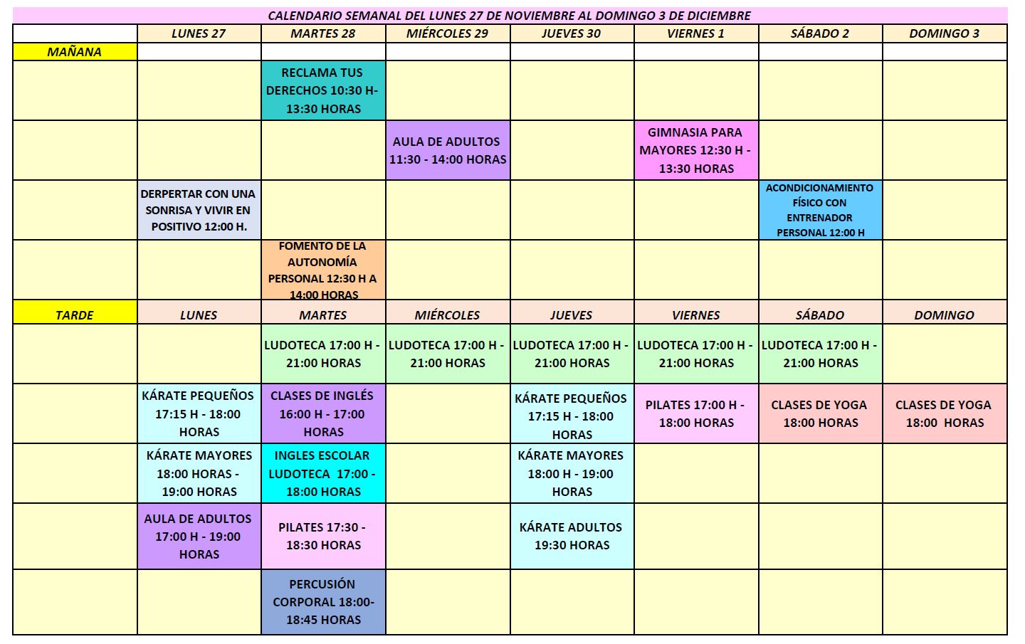 Calendario semanal 20 26 nov 2023