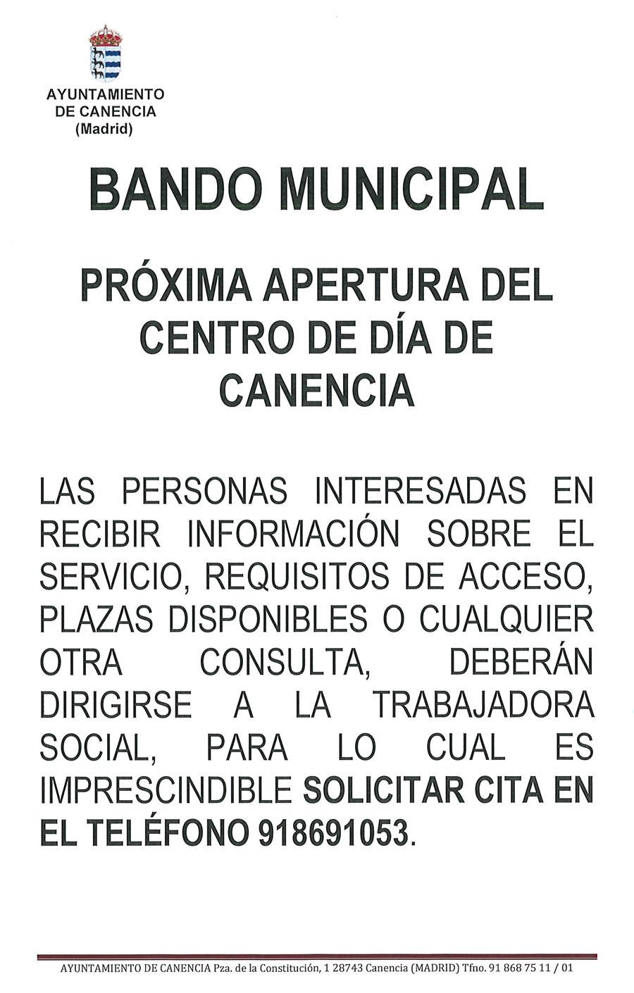 Próxima apertura Centro de día Canencia