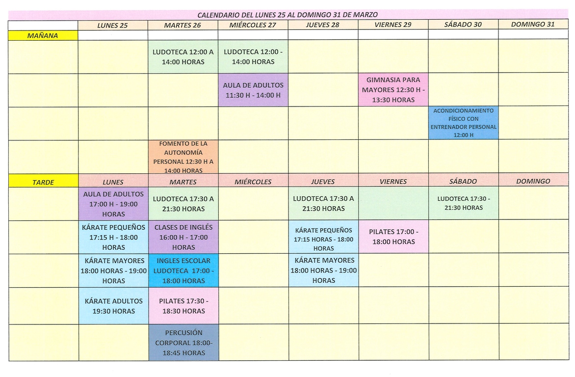 Calendario semanal 18 al 23 marzo 2024