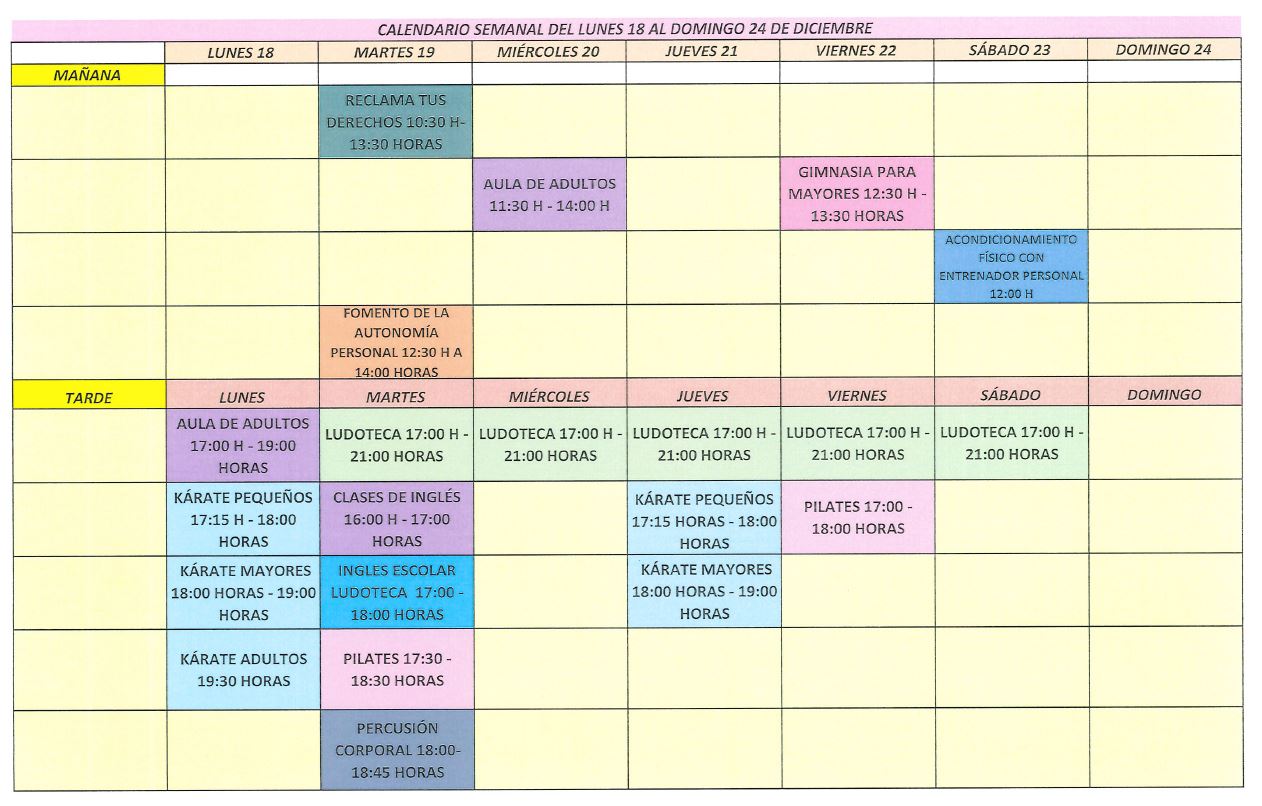 calendario semanal 18 al 23 dic 2023