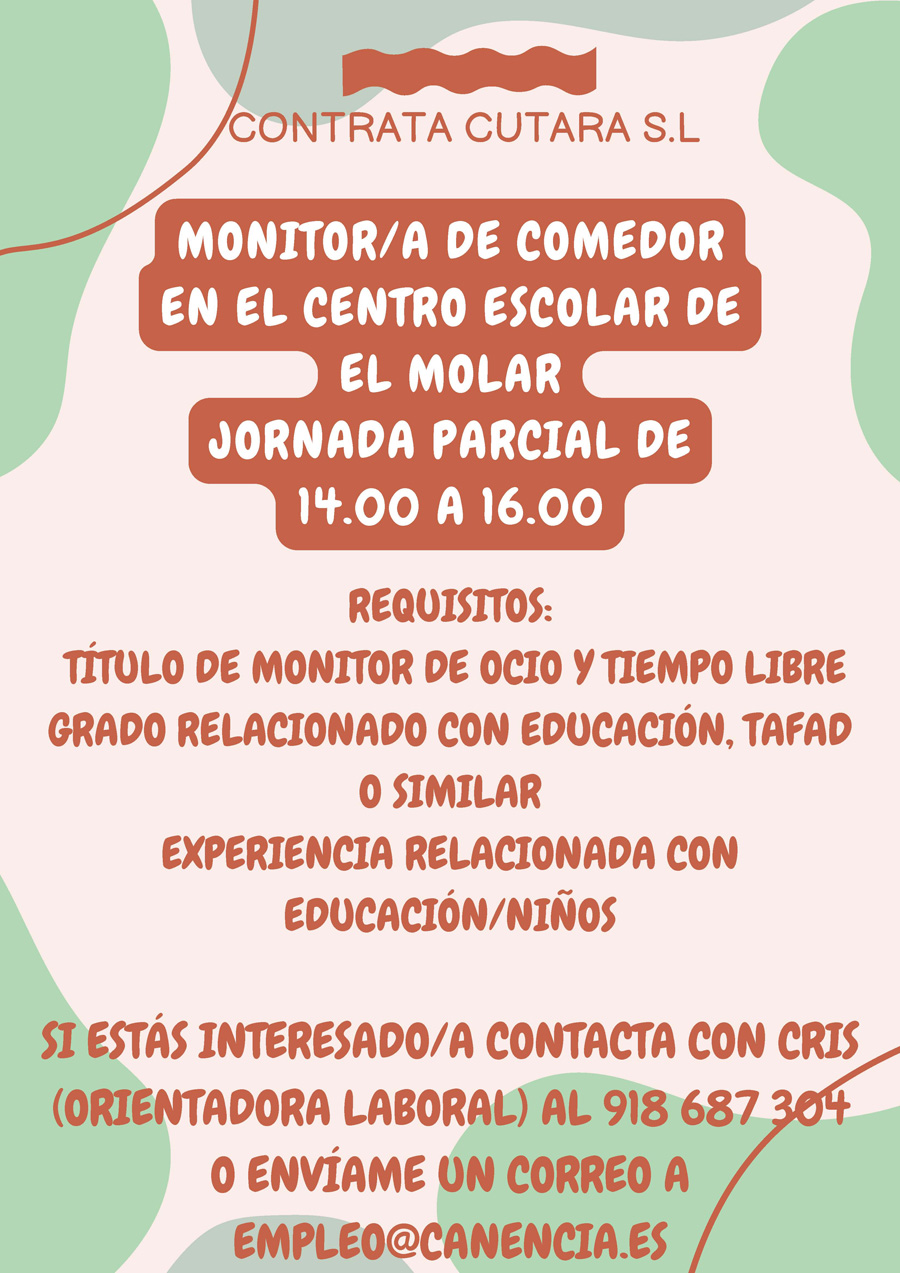 Cartel oferta trabajo Monitor comedor escolar