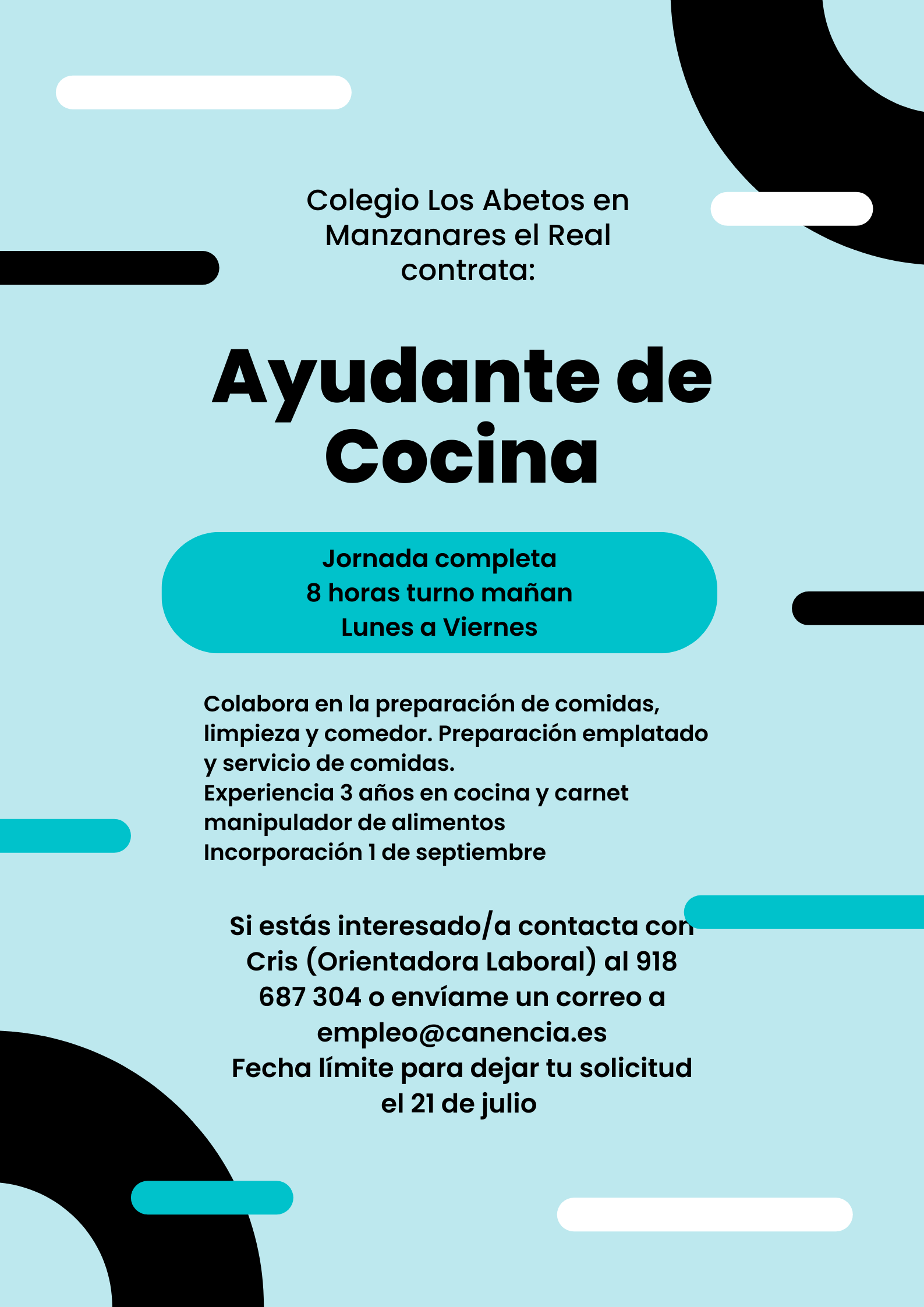 Oferta empleo Ayundante cocina Colegio