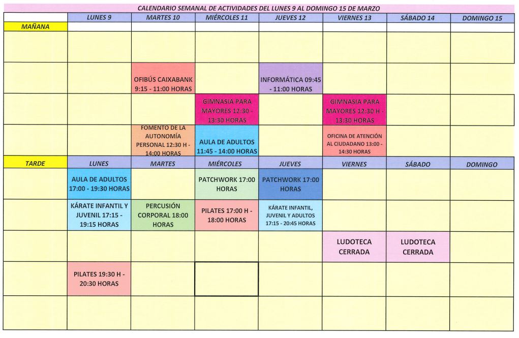 Calendario semana 9 14 marzo 2026