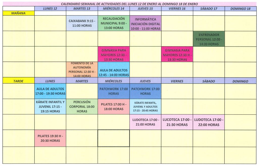 Calendario semanal actividades Canencia 01 06 dic 25