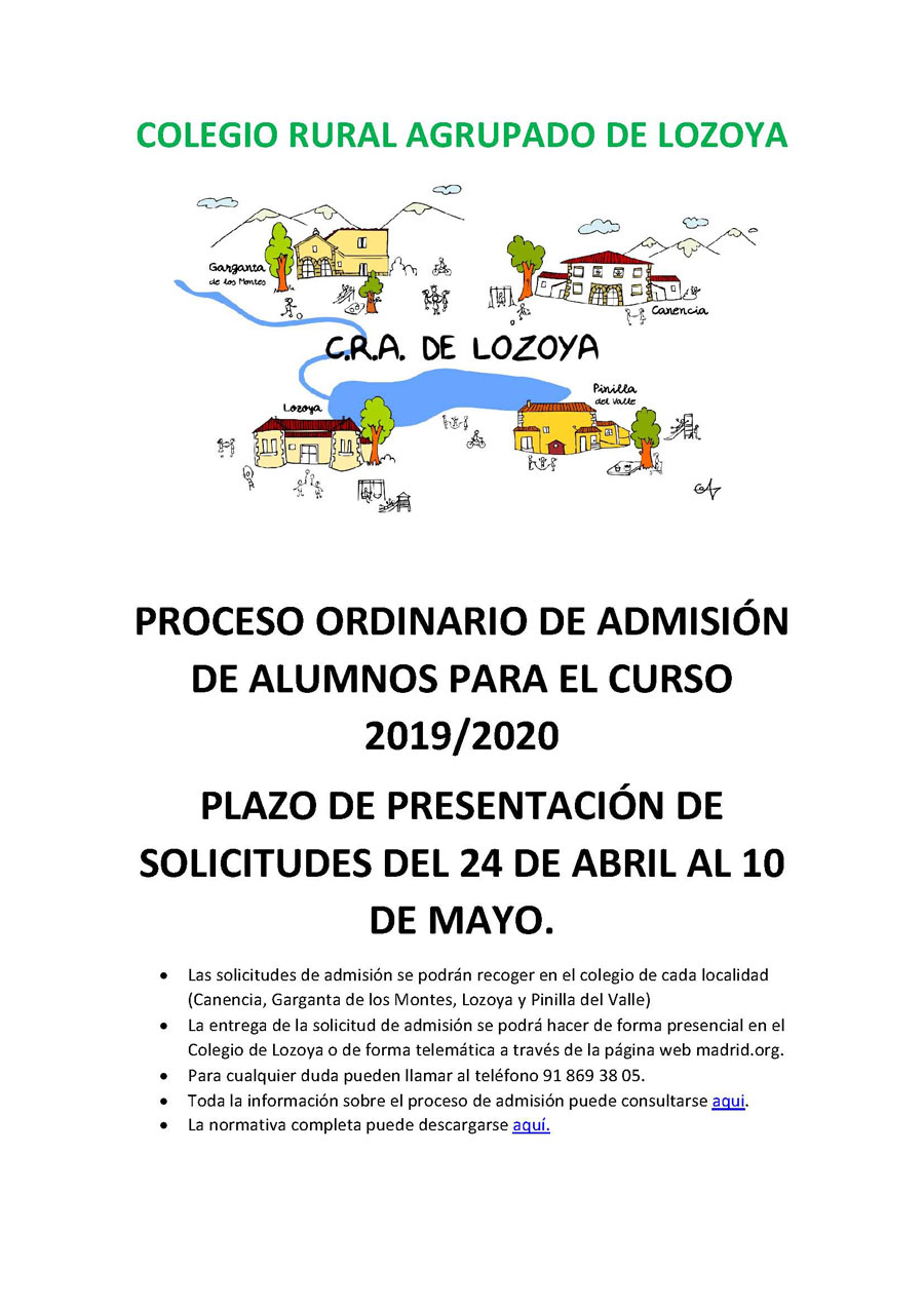 Cartel periodo de admisión CRA de Lozoya curso 2019 2020